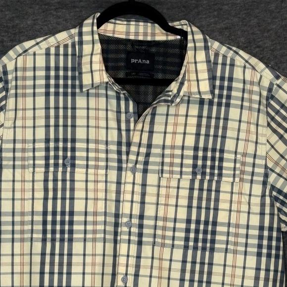 PrAna Kirkwood Shirt Large Plaid Stretch Button-Up Beige Short Sleeve Top - Picture 2 of 14